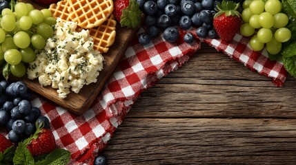 Rustic 4th of July breakfast scene with green grapes, strawberries, blueberries, fresh cheese, and waffle crisps on a red gingham napkin