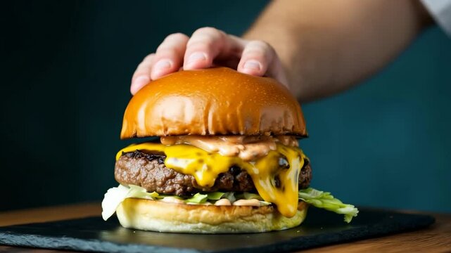 Juicy cheeseburger preparation with melted cheese and fresh ingredients