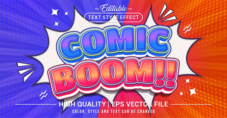 Editable text effect vector with Comic Boom! theme in bold cartoon 3D style – perfect for comic book designs, kids’ party invitations, superhero graphics, and pop art posters