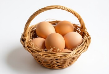 Basket of brown eggs on white surface