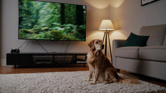 Dog watching screen, pet golden retriever on fluffy rug, focused on large TV displaying green forest scene. Concept of cozy room, dog watching screen, warm lighting, inviting atmosphere.