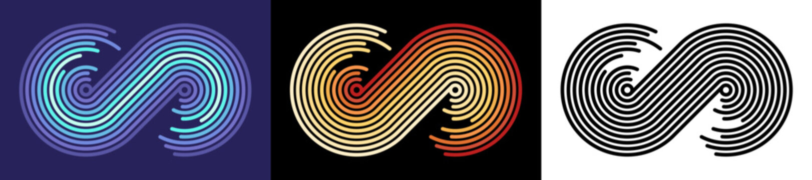 Set of abstract minimalist retro infinity geometric shapes, colorful vintage stripes background or logo, graphic asset for creative cover with lines, curve, circle