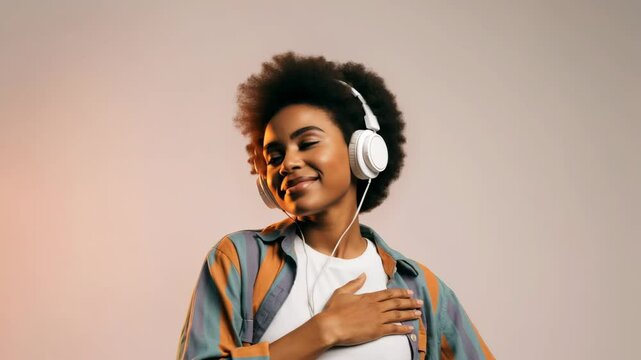 Joyful woman enjoying music in headphones with relaxed and happy expression