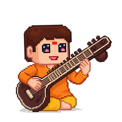 Pixel Art Child Playing the Sitar  Indian Classical Music Illustration on transparent background