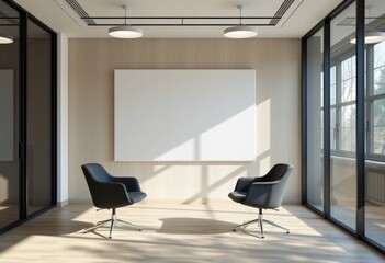 Fototapeta premium Sunlit Office Corner with Two Chairs and blank Whiteboard