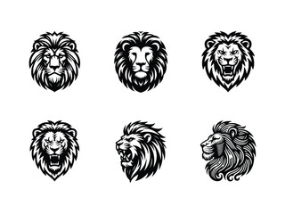 Wild roaring lion king head icon set. Front and side view predator face, lions heads black and white ink sketch silhouettes