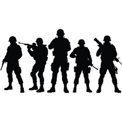 Five black silhouettes of soldiers with rifles military