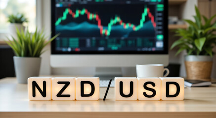 NZD USD forex trading analysis displays market trends and exchange rate behavior between New Zealand Dollar and US Dollar with copy space