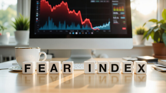 Fear index measures market volatility and investor sentiment indicating anxiety or confidence in financial conditions with copy space