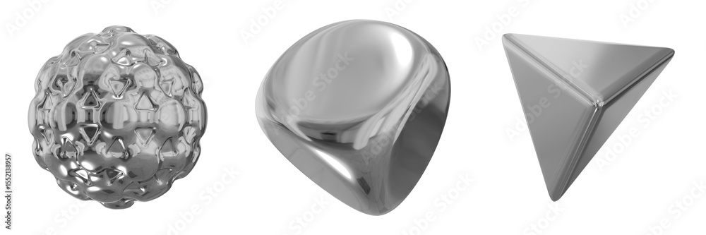 Poster 3d chrome metallic abstract shape objects, 3d rendering steel gradient shape design element, futuris