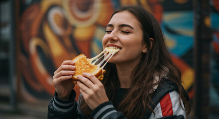 Influencer in streetwear taking a bite of a grilled cheese sandwich