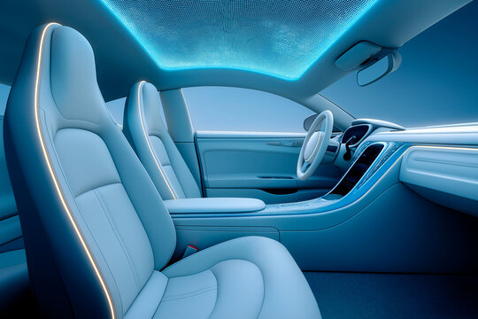 Futuristic electric car interior with ambient lighting, sleek design and panoramic illuminated roof