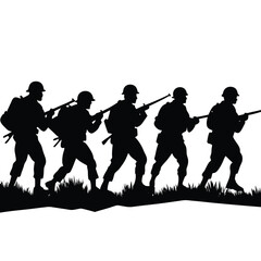 Five black silhouette soldiers marching with rifles
