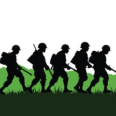 Five soldiers in silhouette marching through grass