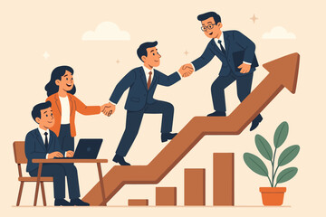 Business team collaborating to foster career growth. Mentoring and support concept with helping hand. People climbing up arrow chart to success. Teamwork and partnership vector.