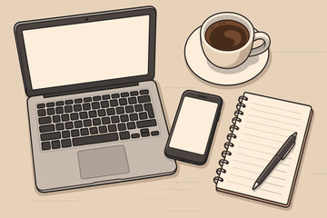 Modern office desk workspace top view with open laptop, smartphone, notepad, and coffee. Workplace for business, freelance, or remote work from home. Flat lay vector cartoon illustration.