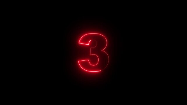 neon glowing red text 3 number sign icon animation on a black background. Neon number 3 text with alpha channel, neon numbers, Bright neon glowing number 3 light red color symbol, neon text.