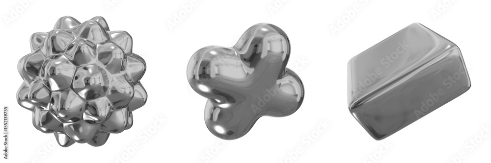 Poster 3d chrome metallic abstract shape objects, 3d rendering steel gradient shape design element, futuris