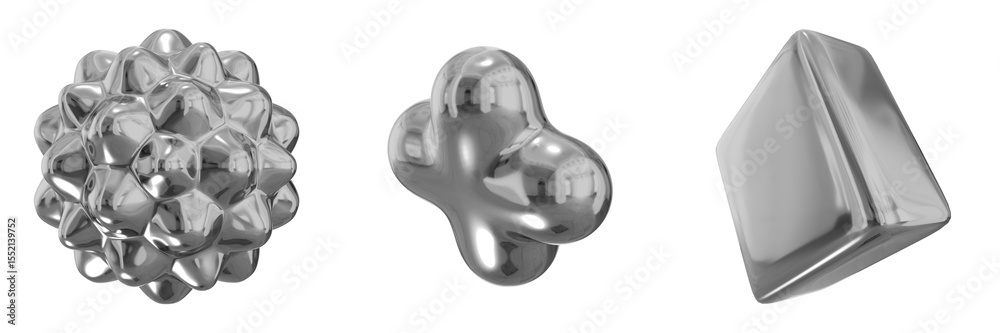 Poster 3d chrome metallic abstract shape objects, 3d rendering steel gradient shape design element, futuris