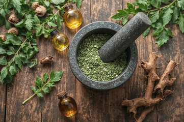 Still life of mortar and pestle with herbs, oils, and plant matter on wood table