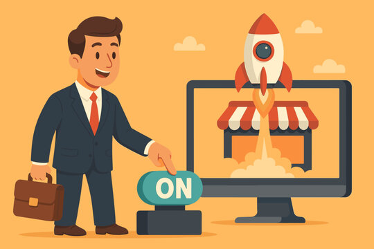 Businessman launching a new online shop. Entrepreneur pressing the ON button for a startup company launch. Rocket taking off from computer. E-commerce success concept. Vector cartoon.