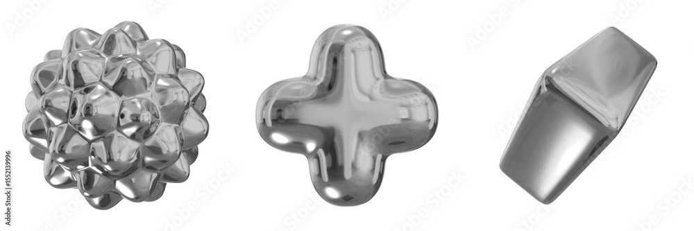 Poster 3d chrome metallic abstract shape objects, 3d rendering steel gradient shape design element, futuris