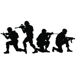 Four soldiers in silhouette aiming rifles military