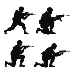 Four Silhouetted Soldiers Aiming Rifles military