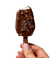 Hand holding chocolate coated vanilla ice cream with a bite at the top isolated cutout on transparent