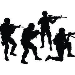 Four Soldiers Silhouettes Aiming Rifles military army