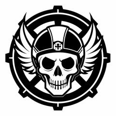skull with helmet and wings inside a gear shaped c