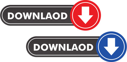 Download button vector design with red and blue circular arrows, black background labels, digital UI elements for websites, apps, banners, and file transfer icons
