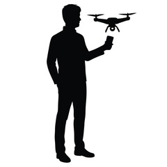Man holding smartphone controlling drone silhouette