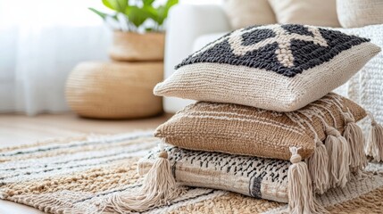 Handmade bohemian pillows stacked on a woven rug in a sunlit living space