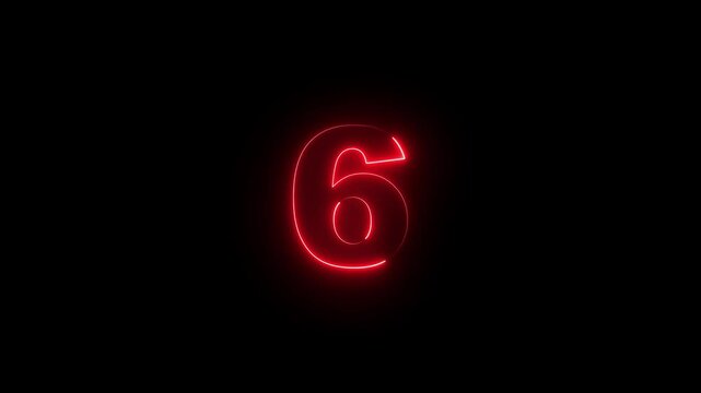 neon glowing red text 6 number  sign icon animation on a black background. Neon number 6 text with alpha channel, neon numbers, Bright neon glowing number 6 light red color symbol, neon text.