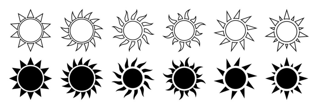 Set of sun icons in outline and solid. Ideal for weather apps, nature graphics, and summer themes. Clean, minimal, editable vector design. Icons, vector, symbols.