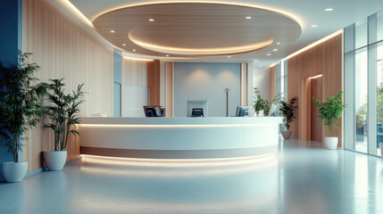 Modern hospital reception with curved front desk, natural lighting, and indoor plants, symbolizing healthcare hospitality, professionalism, and patient-first design. Banner. Copy space