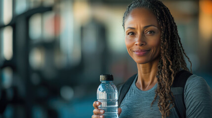 Cheerful young woman with curly hair holding a plastic water bottle in gym environment, symbolizing fitness, hydration, healthy lifestyle, and post-workout refreshment. Banner. Copy space.