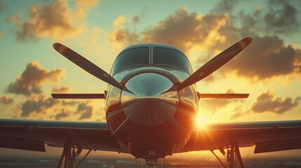 Modern aircraft flying above clouds at sunset, wings extended in beautiful sky, symbolizing freedom, aviation, global travel and breathtaking journeys