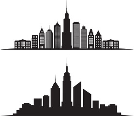 Dynamic City Skyline Silhouette with Modern and Classic Architecture. Minimal Vector Clipart