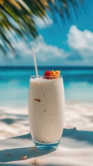A beautiful glass of fruit creamy milkshake cocktail with a straw, wooden table overlooking a serene beach, offering a perfect blend of refreshment scenic ocean view.copy space.verical