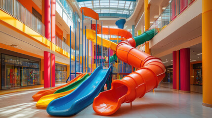 a vibrant and colorful indoor playground featuring exciting slides,climbing structures,interactive play areas,designed for children fun and adventure family-friendly shopping center,banner,copy space