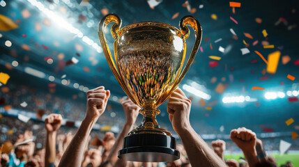 The golden Champions Cup held high in male hands against a stadium grandstand background, with falling confetti and team celebration. Concept of victory, triumph,sports competition. Banner, copy space