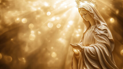 White statue of the Blessed Virgin Mary illuminated by golden divine light, symbolizing the Assumption into heaven, holiness, purity, and spiritual grace, with space for religious or sacred text