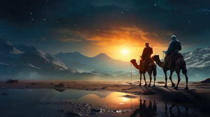 Three Wise Men riding camels through desert at sunrise, following the Star of Bethlehem, symbolizing journey of faith, hope, and ancient tradition of Christmas nativity story