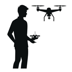 Silhouette of a man holding a drone controller with a drone flying