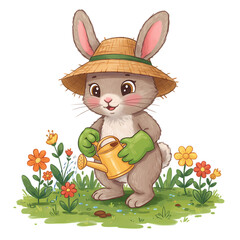 Cute Bunny Gardener Watering Flowers Cartoon Illustration on transparent background