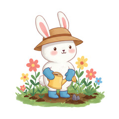 Cute Bunny Gardener Springtime Illustration on transparent background
