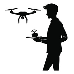 Silhouette of a man operating a drone with a remote control