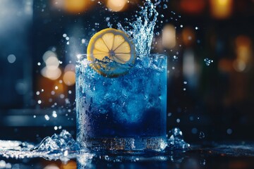 Refreshing blue cocktail with lemon splash on dark background